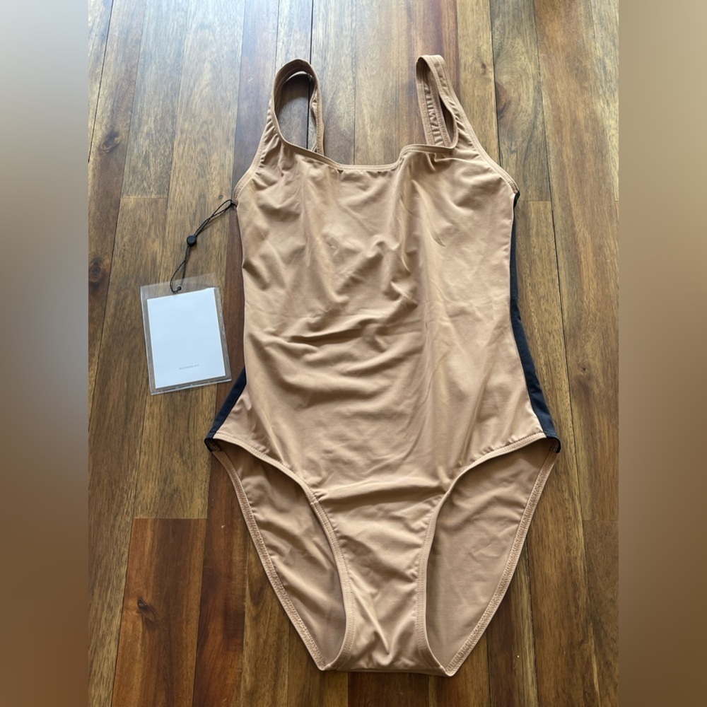 WARDROBE.NYC Striped OnePiece Swimsuit Khaki and Black Designer Swimwear - Picture 1 of 10